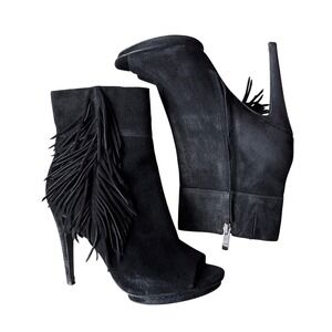 BCBG Genie Black Suede Fringe Peep Toe Ankle Booties Side Zip Y2K Cowgirl‎ 10